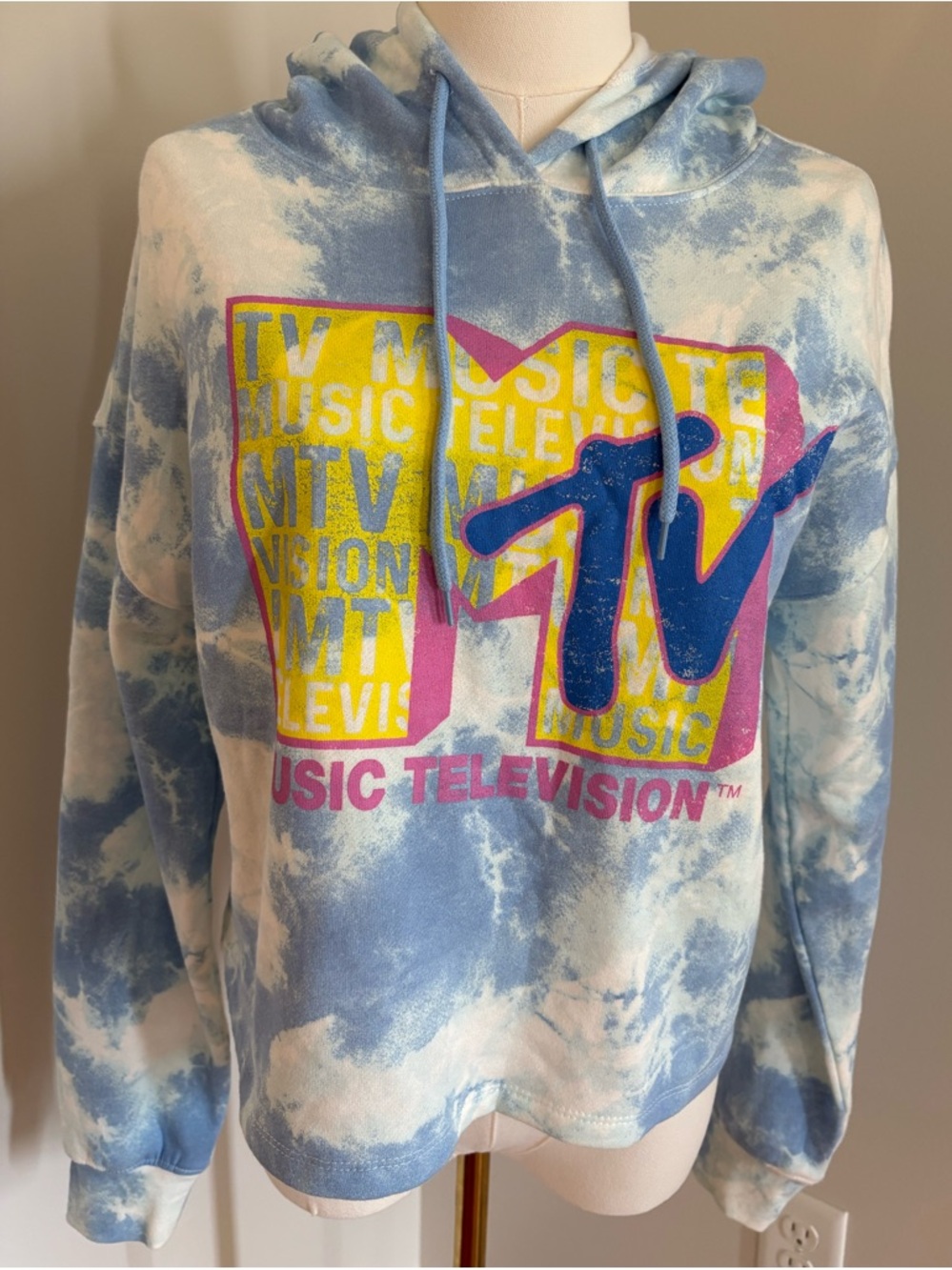 MTV Pastel Blue and White Tie-Dye Hoodie Women’s M Neon Logo